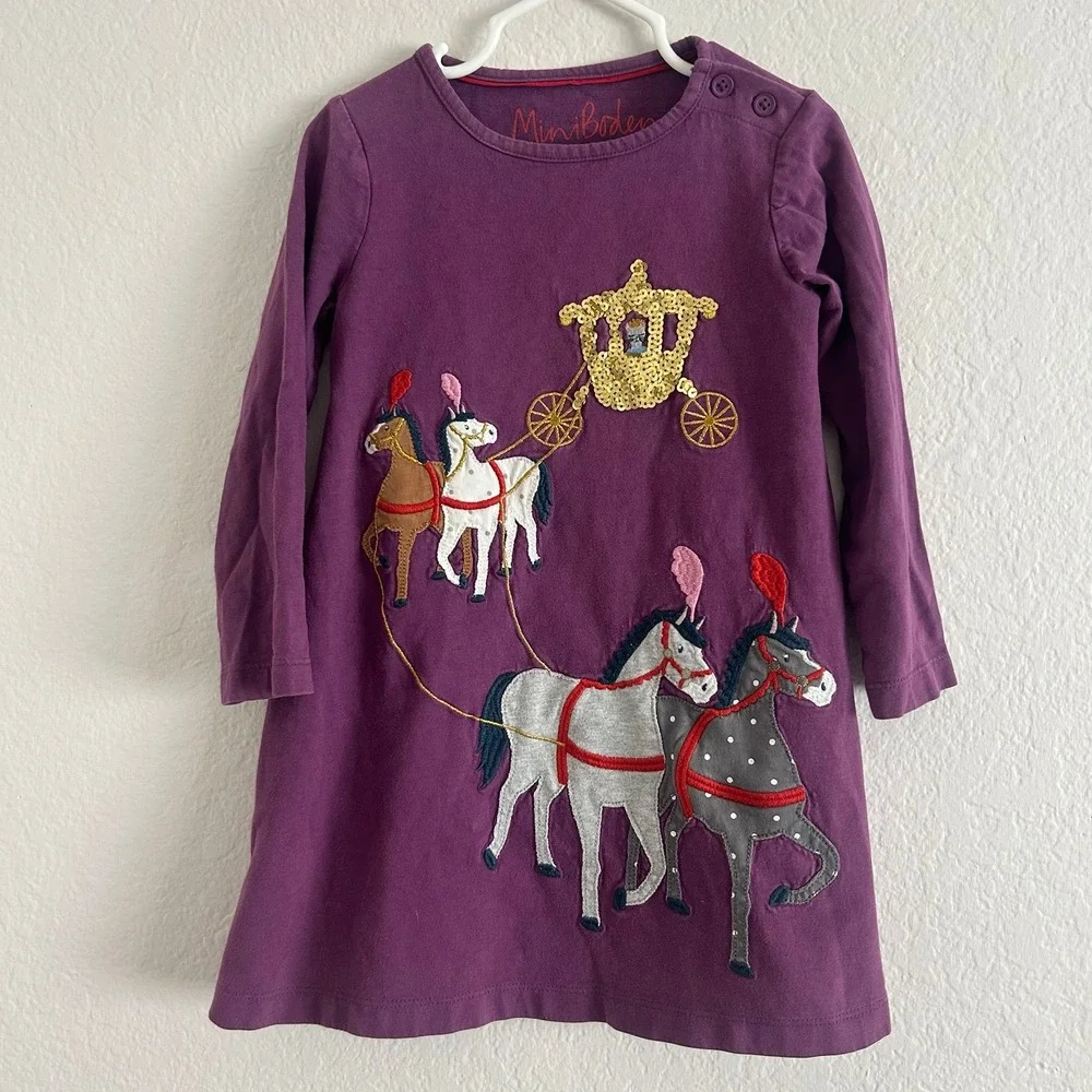 Mini Boden Girls Long Sleeve Sequence Horse & Carriage Dress 3-4Y